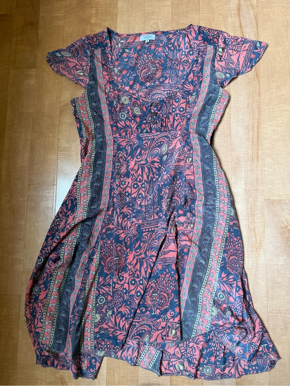 Coral and Navy Floral Border-Print Midi Dress